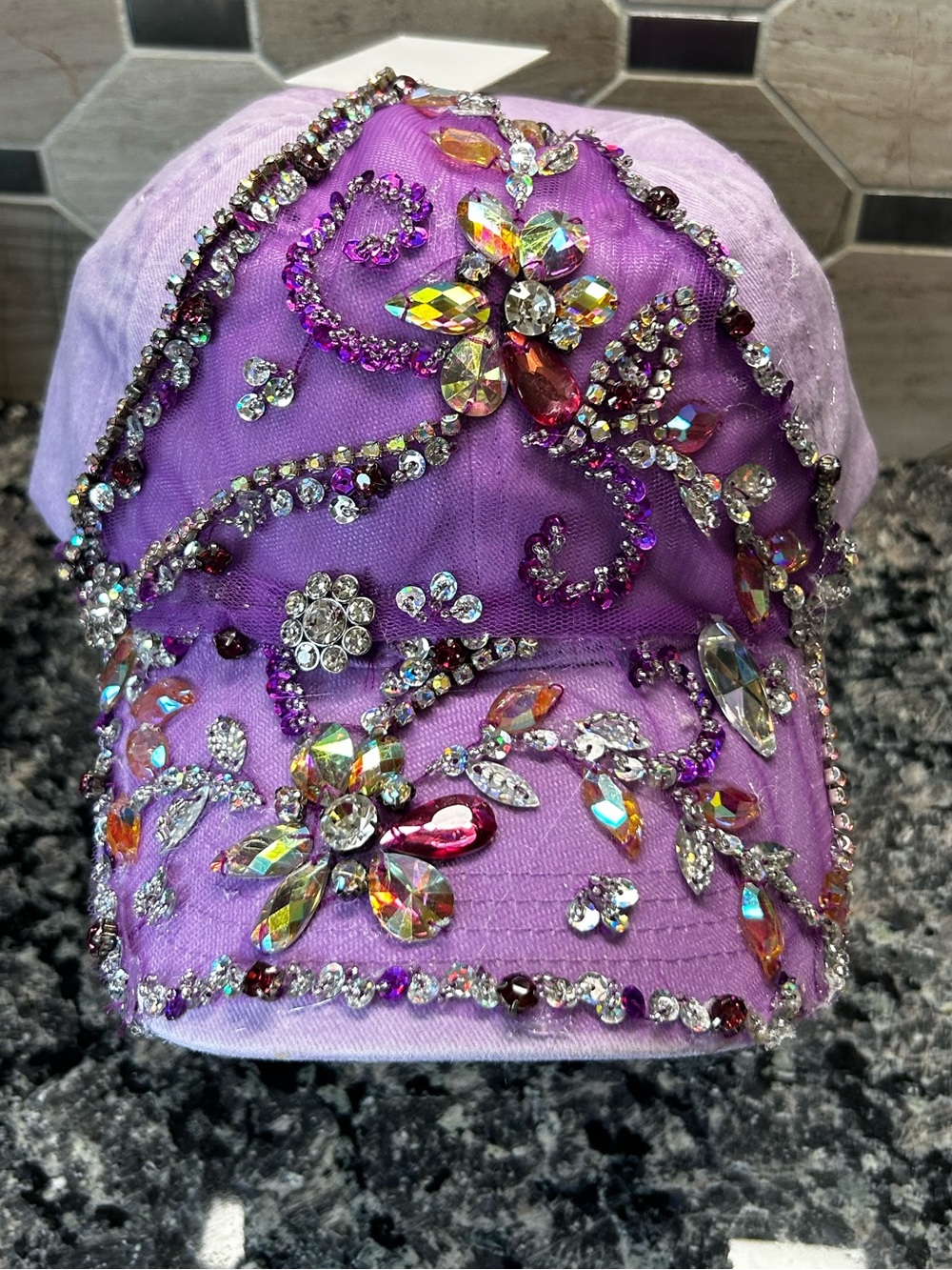 OOAK Bling Rhinestone Lavender Baseball Cap Handcrafted Festival Glam Hat - Picture 2 of 9